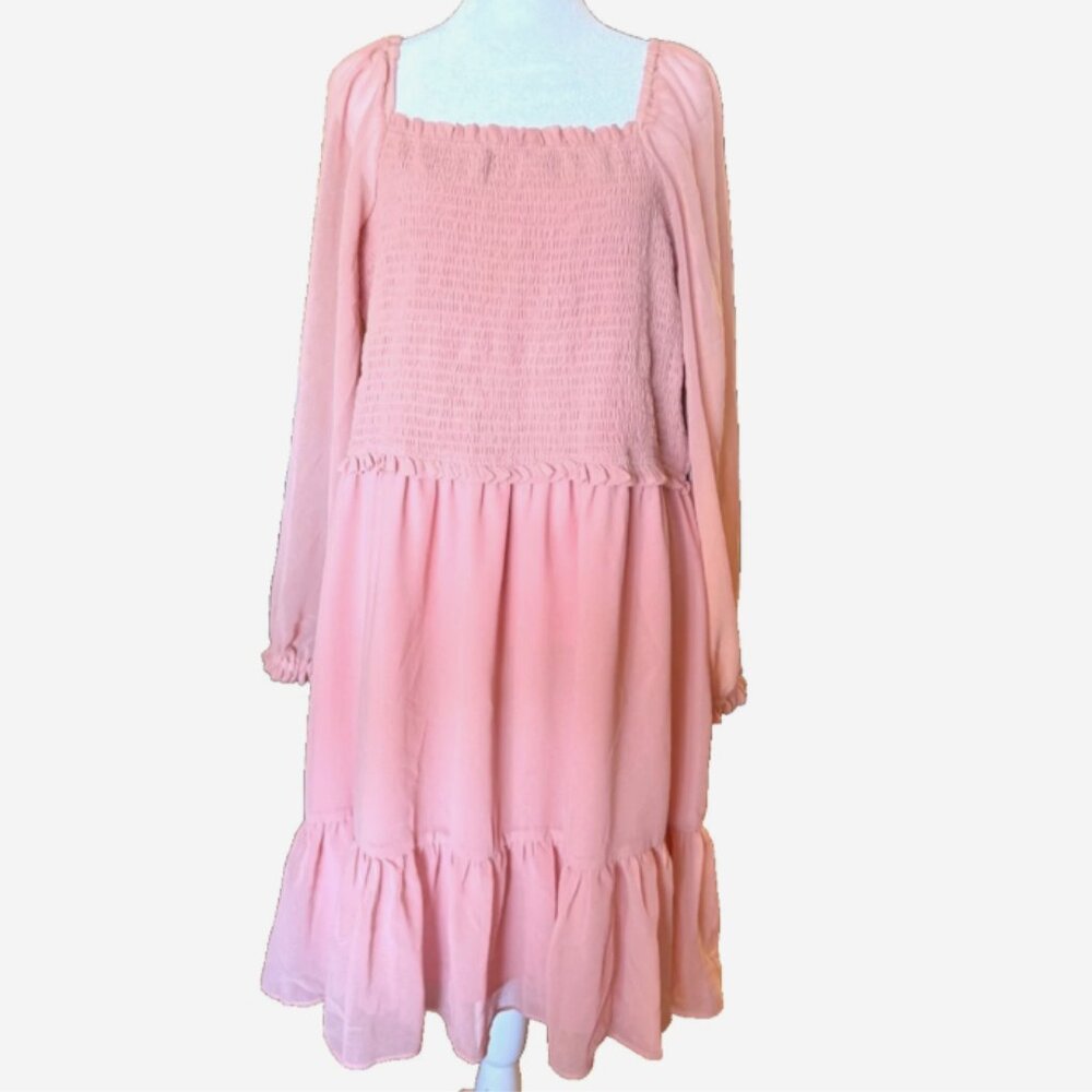1.STATE Smocked Midi Dress Women’s 2X Pink Square Neck‎ Ruffle Flowy Boho NWT